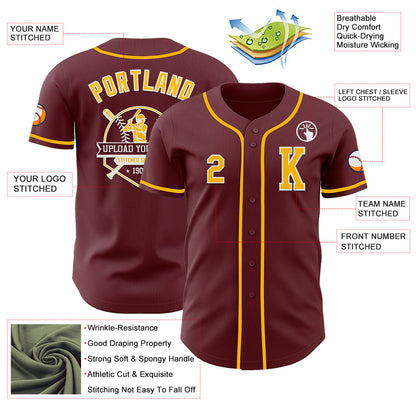 Custom Burgundy Gold-White Authentic Baseball Jersey - Sky-Custom