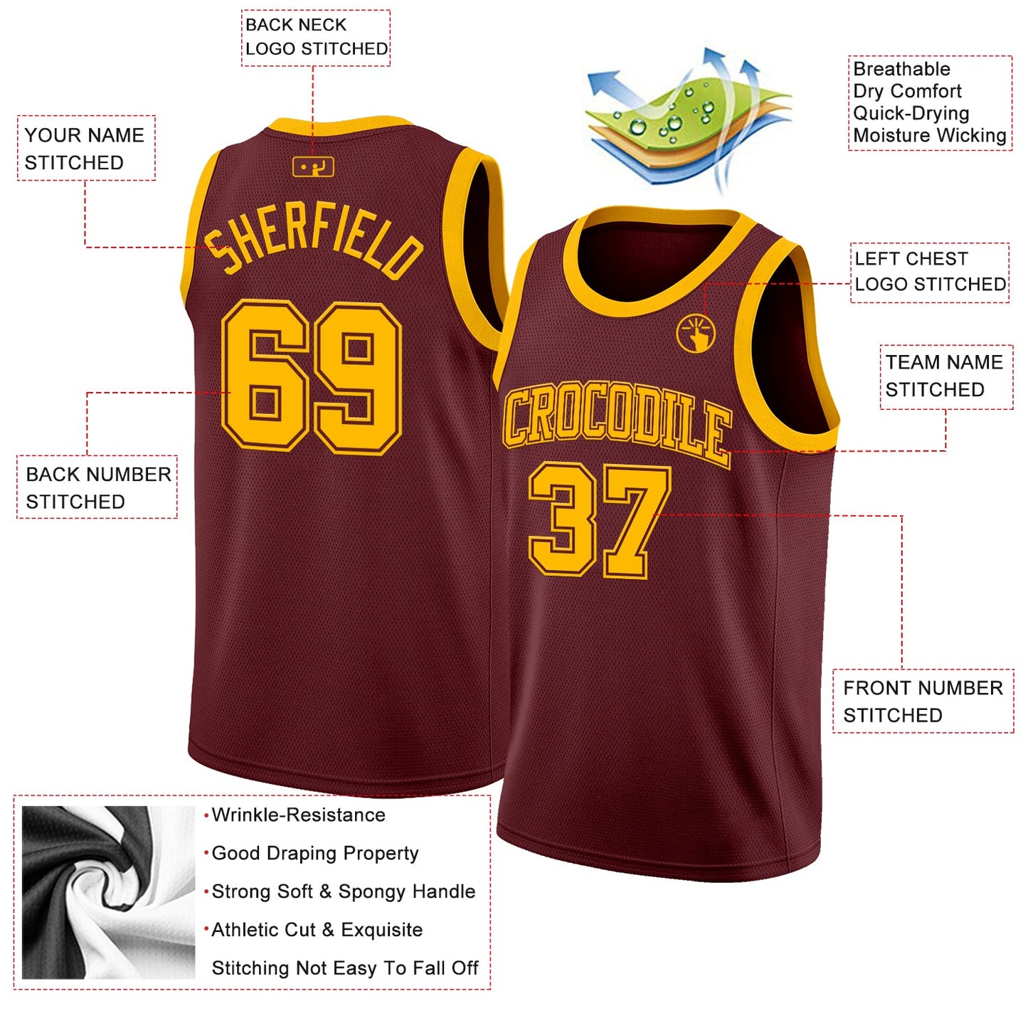 Custom Burgundy Gold Authentic Basketball Jersey - Sky-Custom