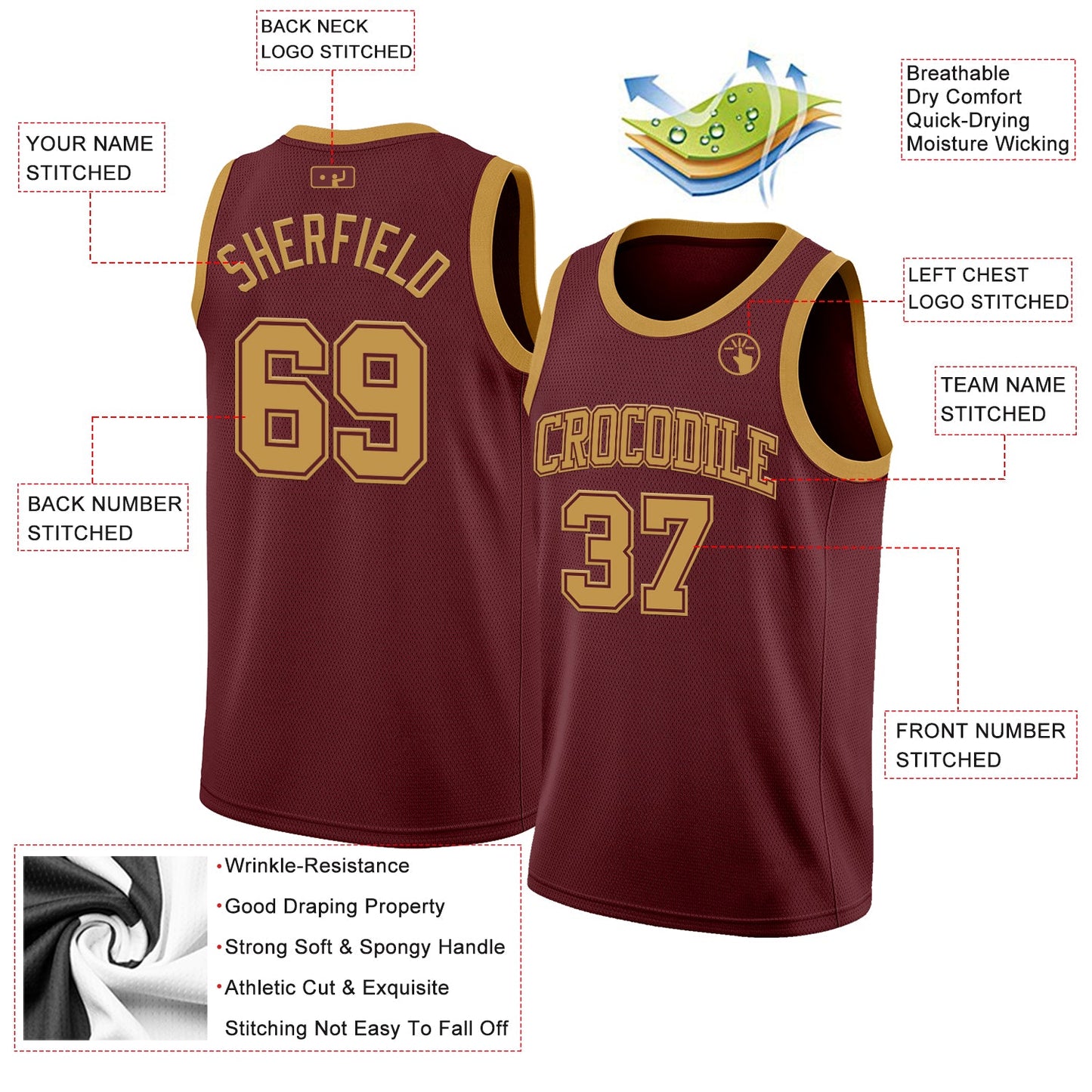 Custom Burgundy Old Gold Authentic Basketball Jersey - Sky-Custom