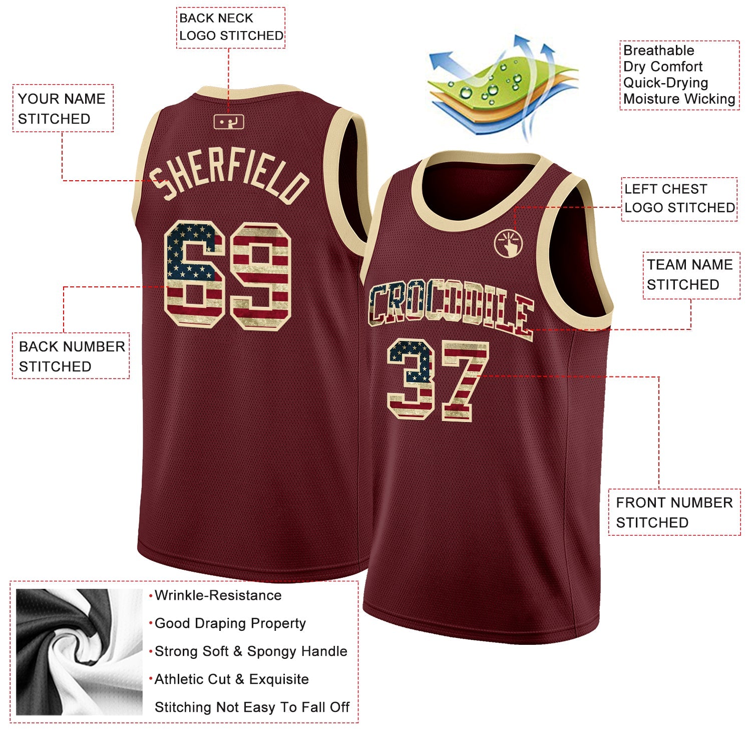 Custom Burgundy Vintage USA Flag-Cream Authentic Basketball Jersey - Sky-Custom