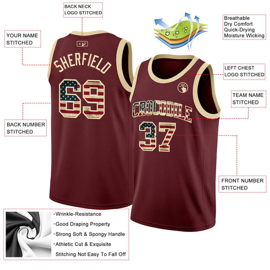 Custom Burgundy Vintage USA Flag-Cream Authentic Basketball Jersey - Sky-Custom