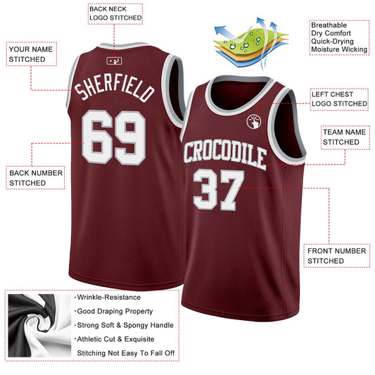 Custom Burgundy White-Gray Authentic Basketball Jersey - Sky-Custom