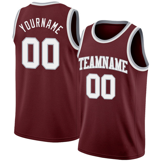 Custom Burgundy White-Gray Authentic Basketball Jersey - Sky-Custom
