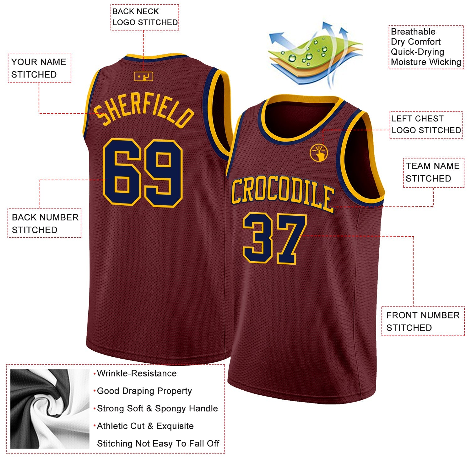 Custom Burgundy Navy-Gold Authentic Basketball Jersey - Sky-Custom
