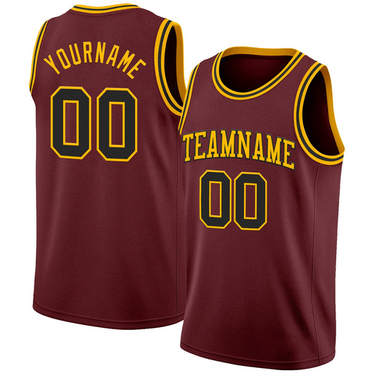 Custom Burgundy Black-Gold Authentic Basketball Jersey - Sky-Custom