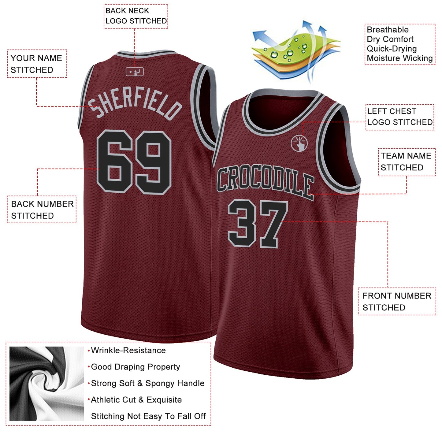 Custom Burgundy Black-Gray Authentic Basketball Jersey - Sky-Custom