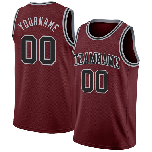 Custom Burgundy Black-Gray Authentic Basketball Jersey - Sky-Custom