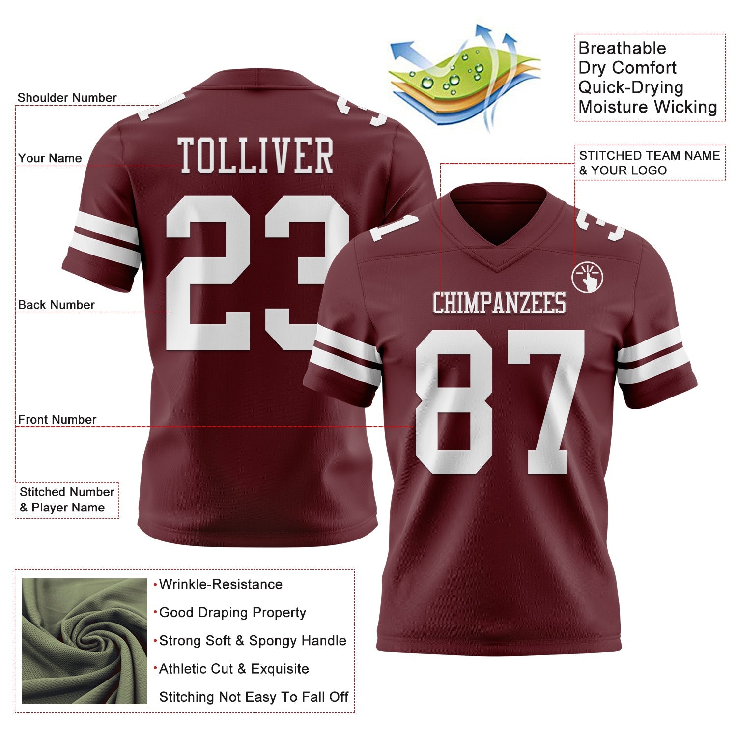 Custom Burgundy White Mesh Authentic Football Jersey - Sky-Custom