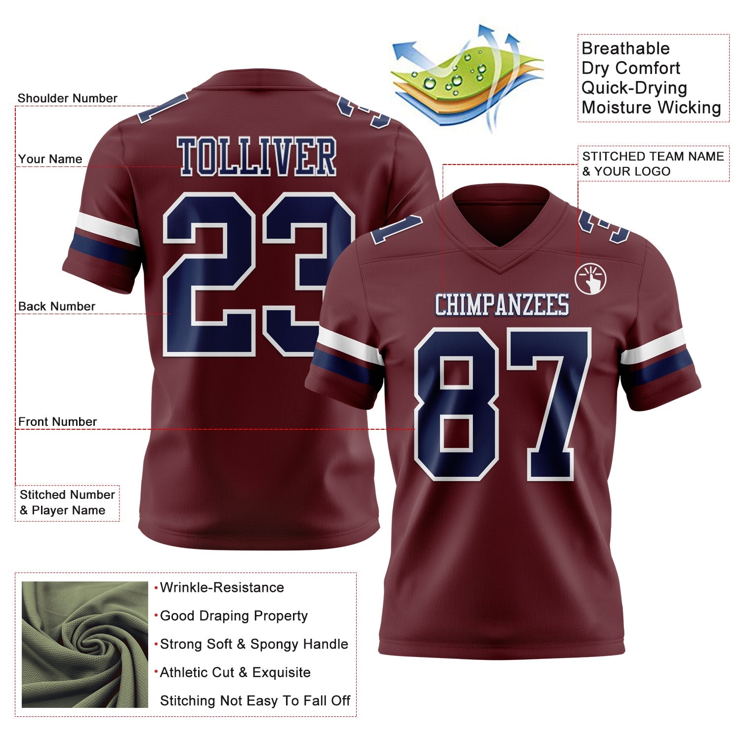 Custom Burgundy Navy-White Mesh Authentic Football Jersey - Sky-Custom