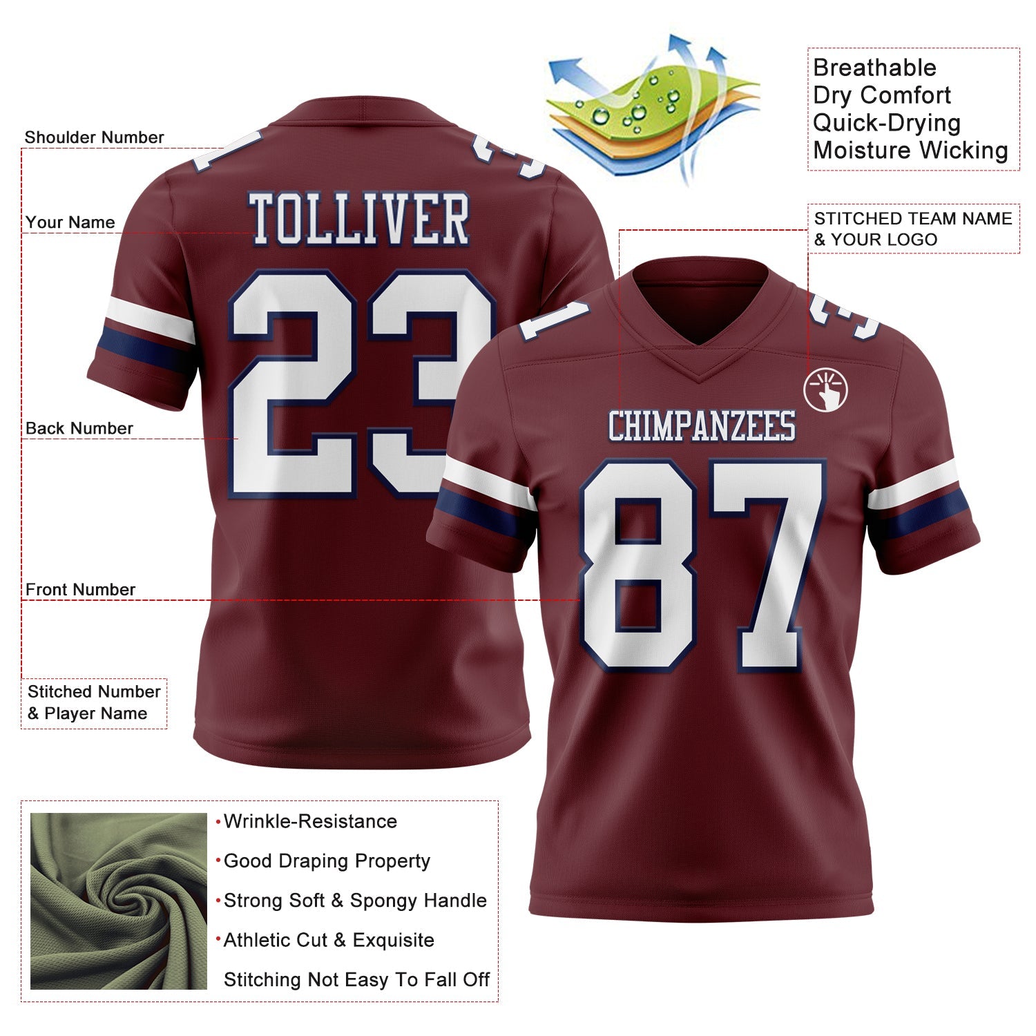 Custom Burgundy White-Navy Mesh Authentic Football Jersey - Sky-Custom