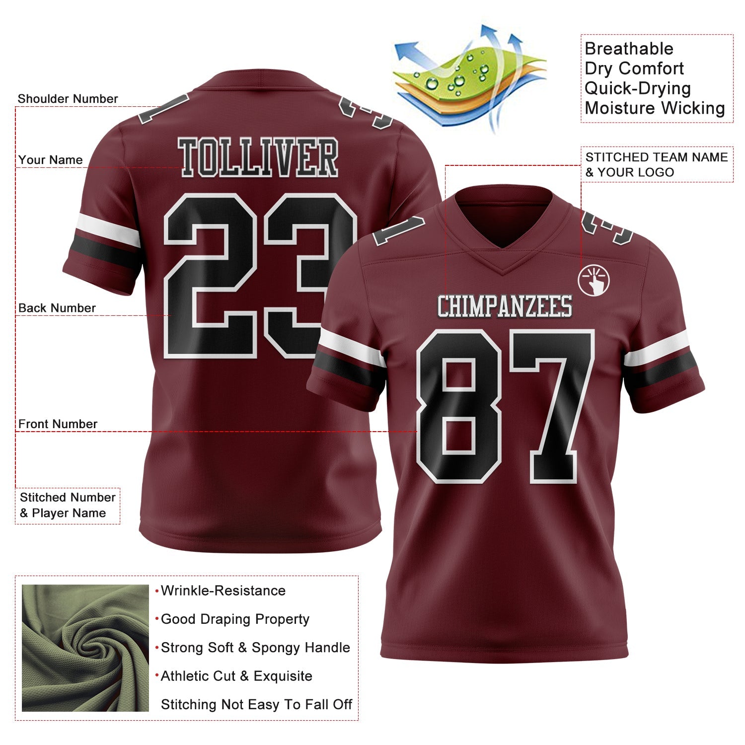 Custom Burgundy Black-White Mesh Authentic Football Jersey - Sky-Custom