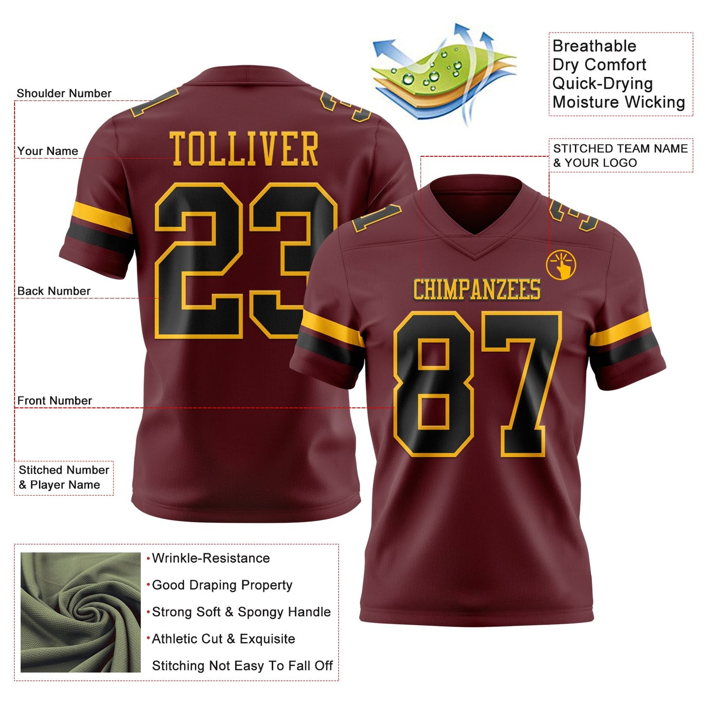 Custom Burgundy Black-Gold Mesh Authentic Football Jersey - Sky-Custom