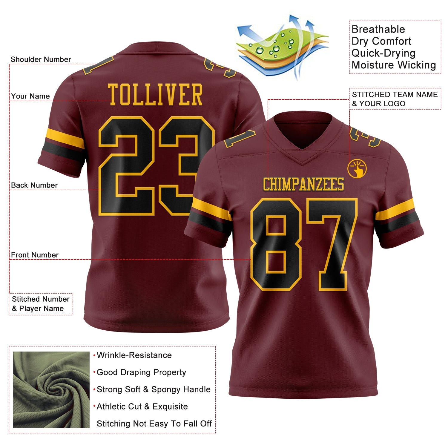 Custom Burgundy Black-Gold Mesh Authentic Football Jersey - Sky-Custom