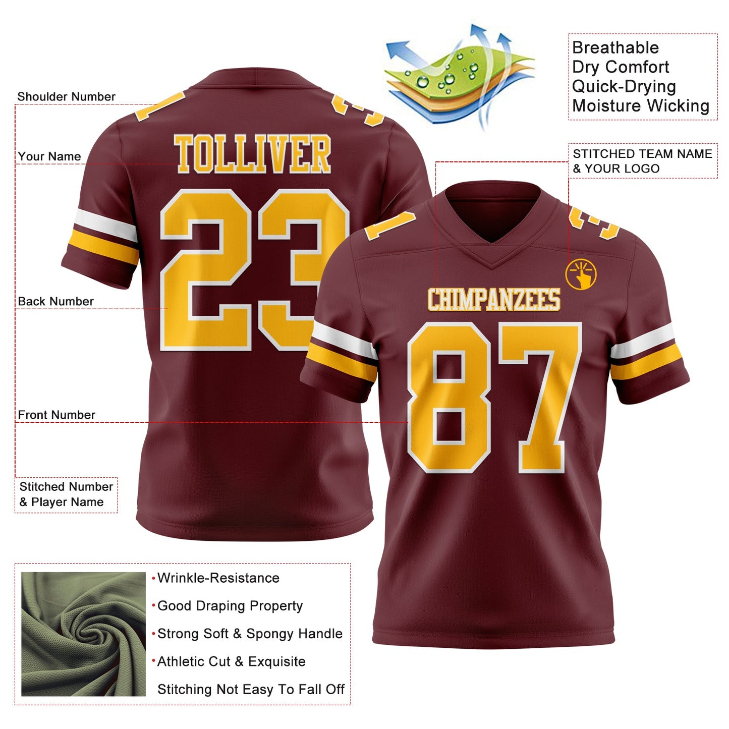 Custom Burgundy Gold-White Mesh Authentic Football Jersey - Sky-Custom