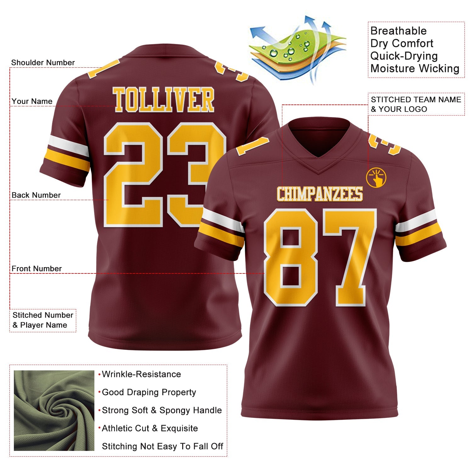 Custom Burgundy Gold-White Mesh Authentic Football Jersey - Sky-Custom