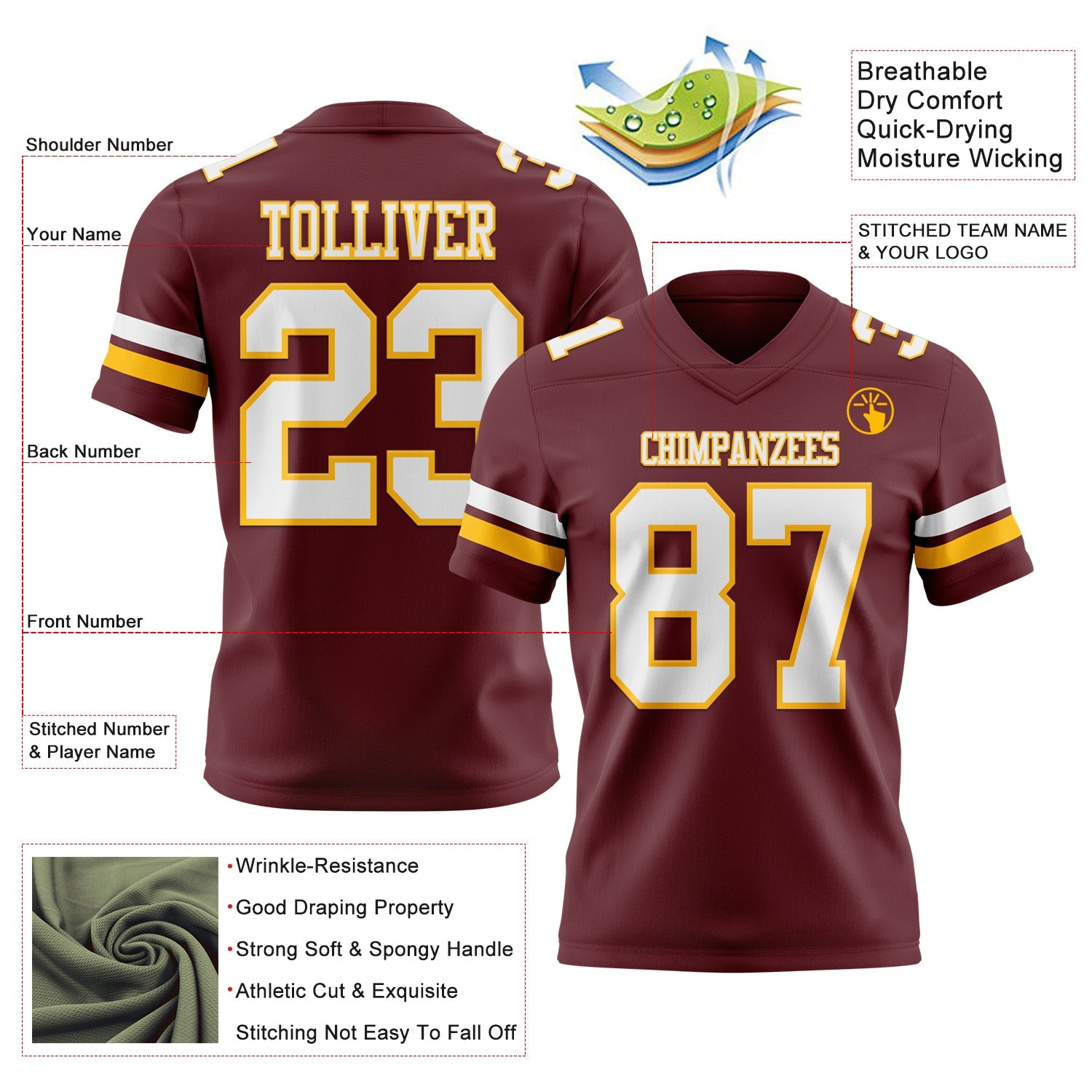 Custom Burgundy White-Gold Mesh Authentic Football Jersey - Sky-Custom