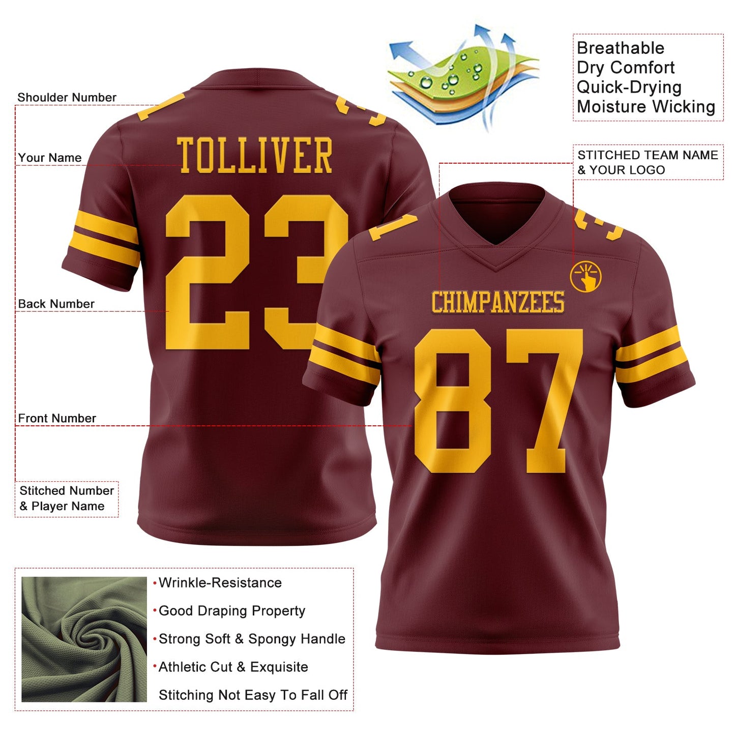 Custom Burgundy Gold Mesh Authentic Football Jersey - Sky-Custom