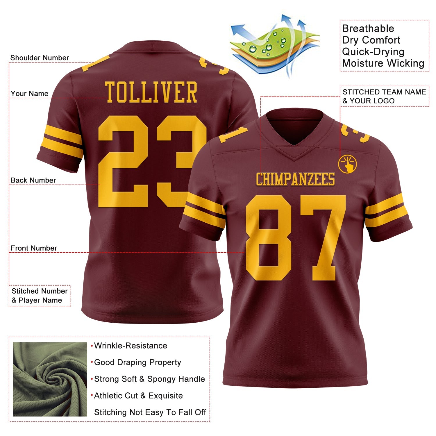 Custom Burgundy Gold Mesh Authentic Football Jersey - Sky-Custom