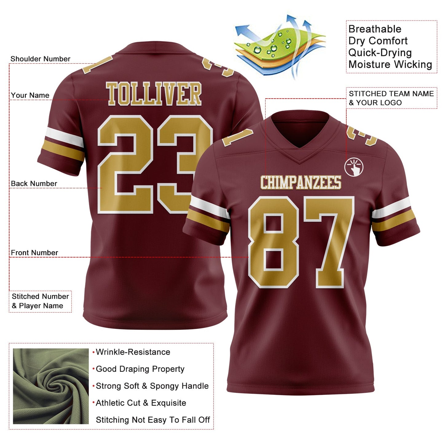 Custom Burgundy Old Gold-White Mesh Authentic Football Jersey - Sky-Custom