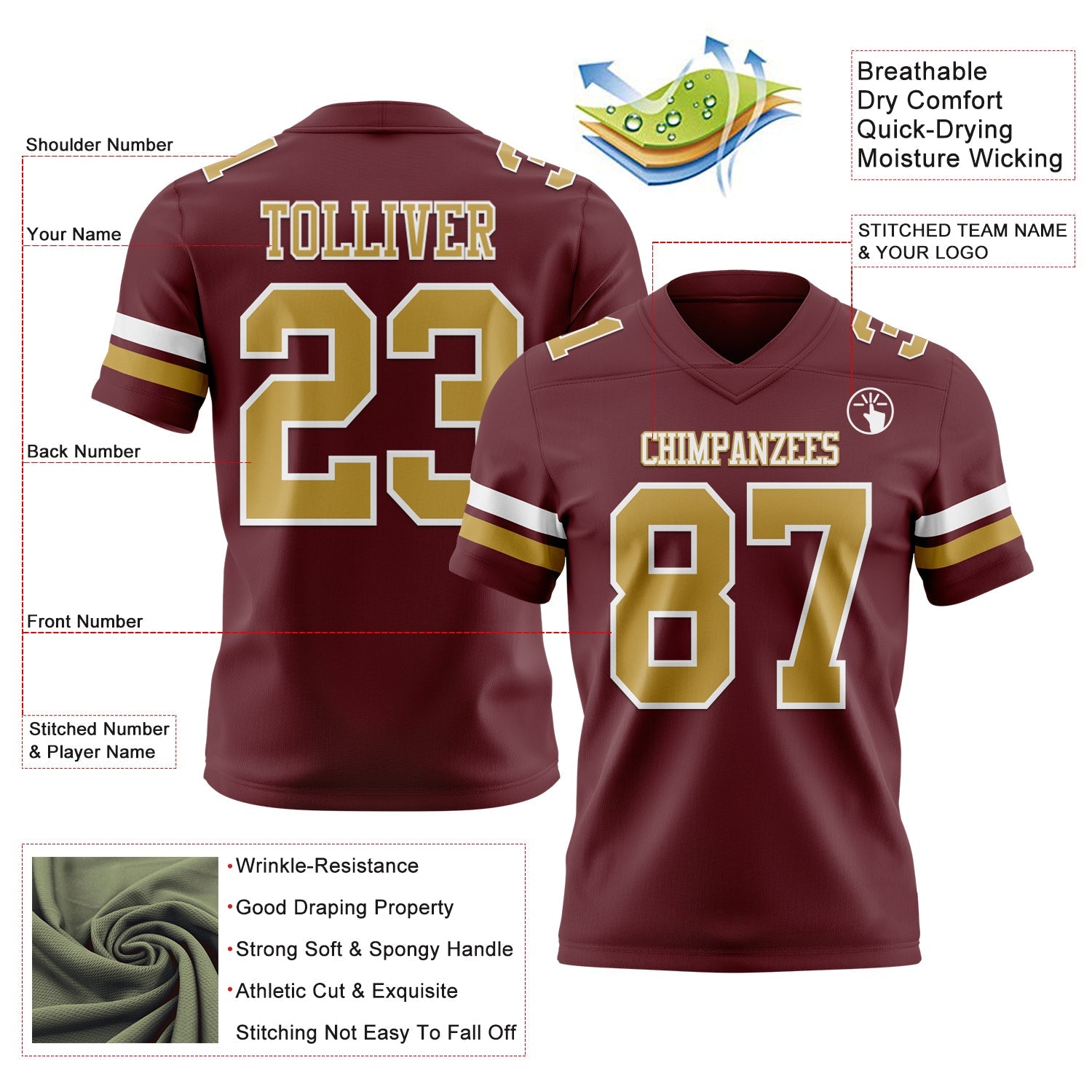 Custom Burgundy Old Gold-White Mesh Authentic Football Jersey - Sky-Custom