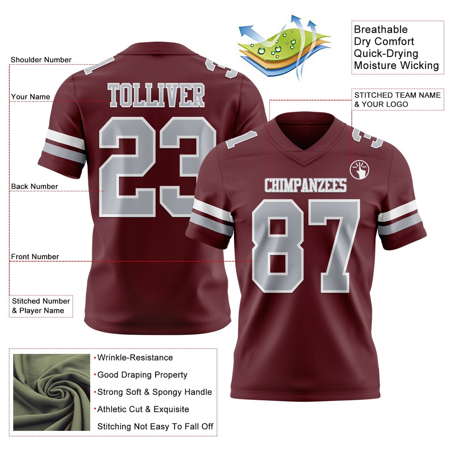 Custom Burgundy Gray-White Mesh Authentic Football Jersey - Sky-Custom