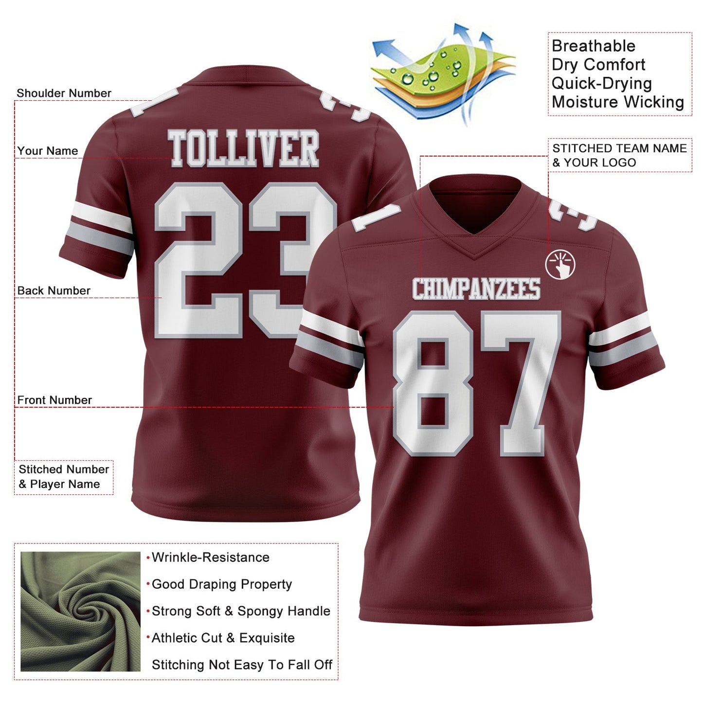 Custom Burgundy White-Gray Mesh Authentic Football Jersey - Sky-Custom