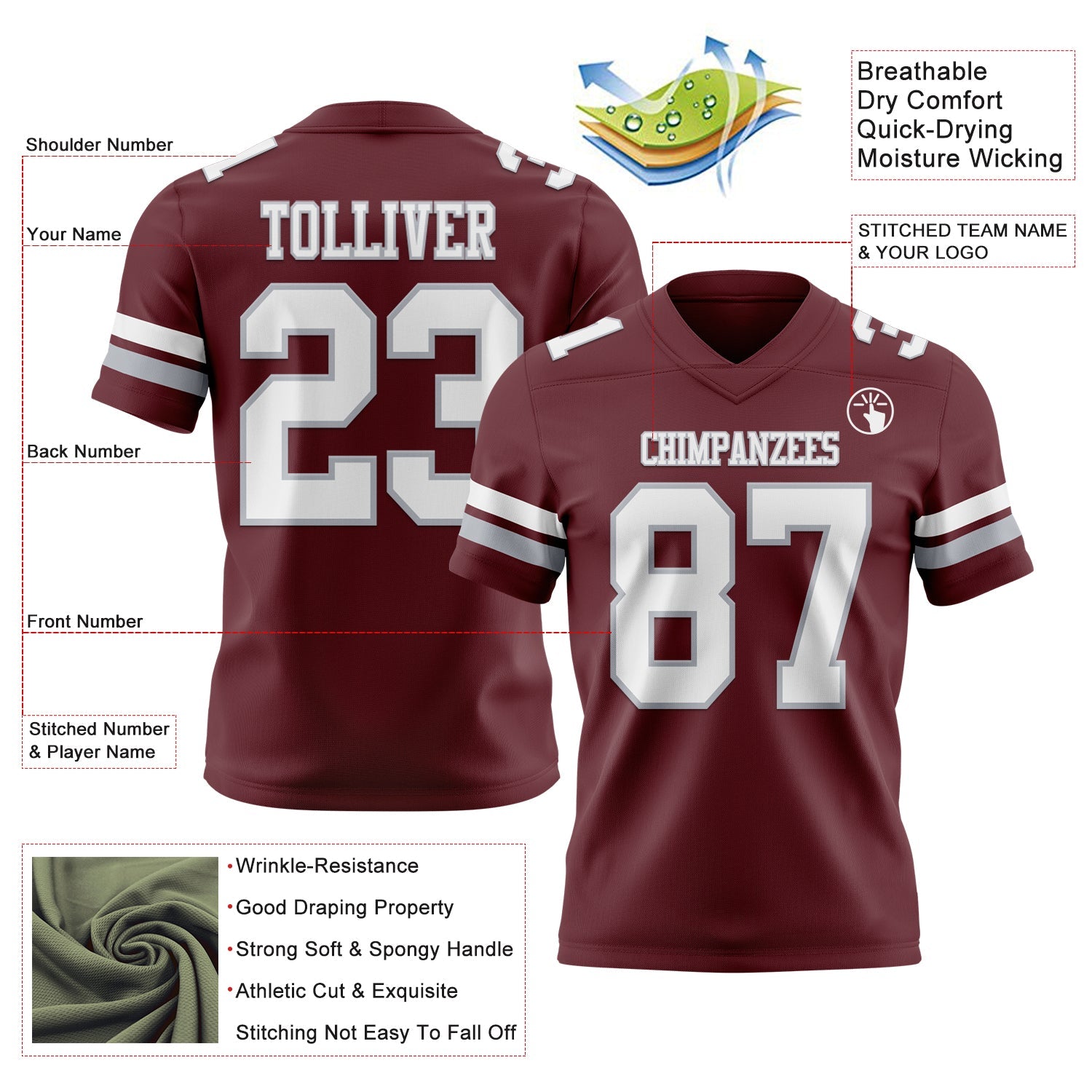 Custom Burgundy White-Gray Mesh Authentic Football Jersey - Sky-Custom