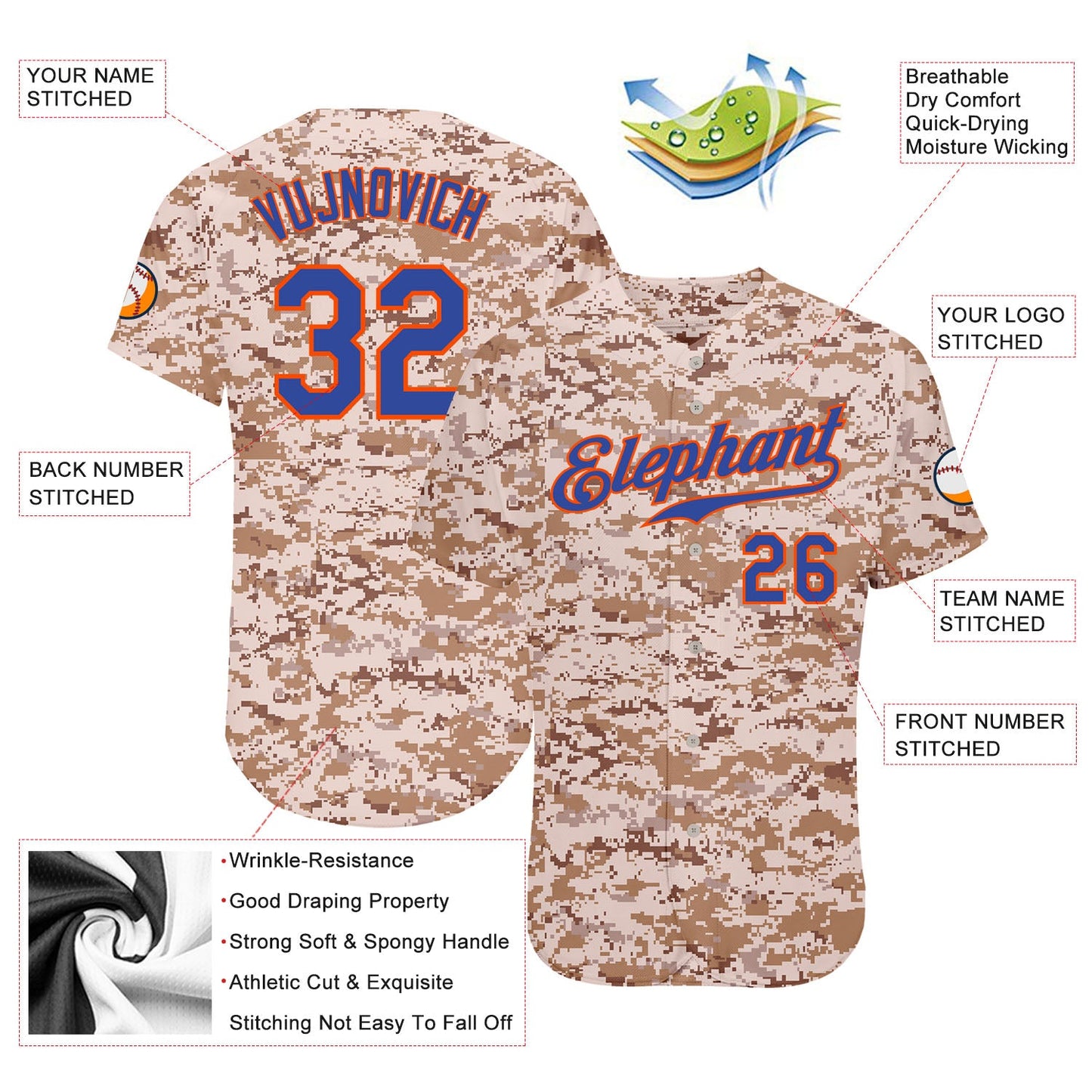 Custom Camo Royal-Orange Authentic Salute To Service Baseball Jersey - Sky-Custom