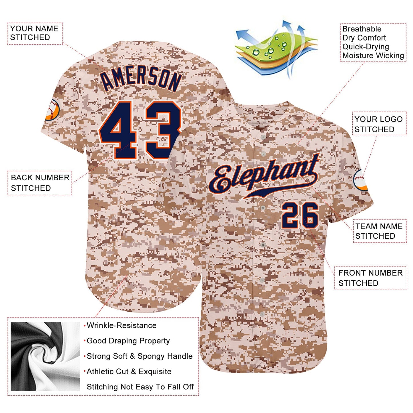 Custom Camo Navy-Orange Authentic Salute To Service Baseball Jersey - Sky-Custom