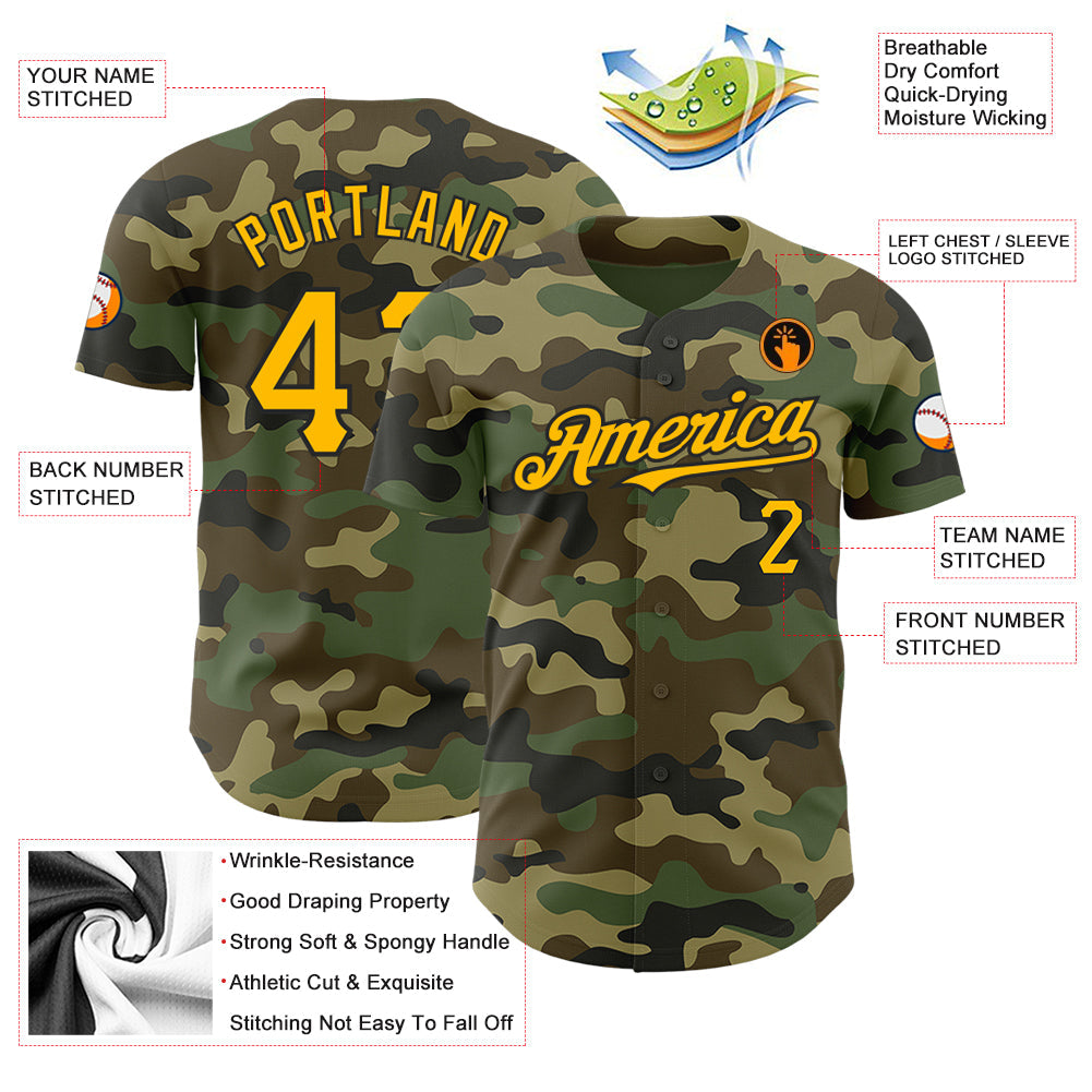 Custom Camo Gold-Black Authentic Salute To Service Baseball Jersey - Sky-Custom