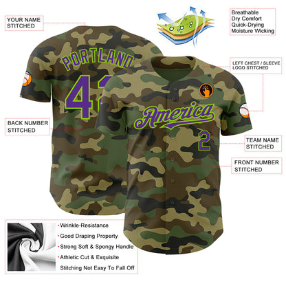 Custom Camo Purple-Neon Green Authentic Salute To Service Baseball Jersey - Sky-Custom