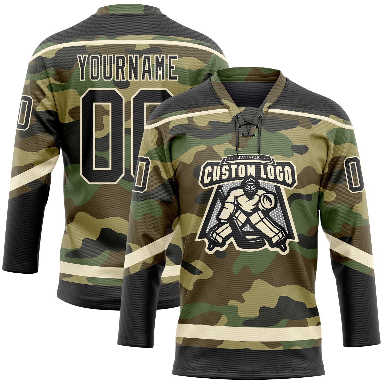 Custom Camo Black-Cream Salute To Service Hockey Lace Neck Jersey - Sky-Custom