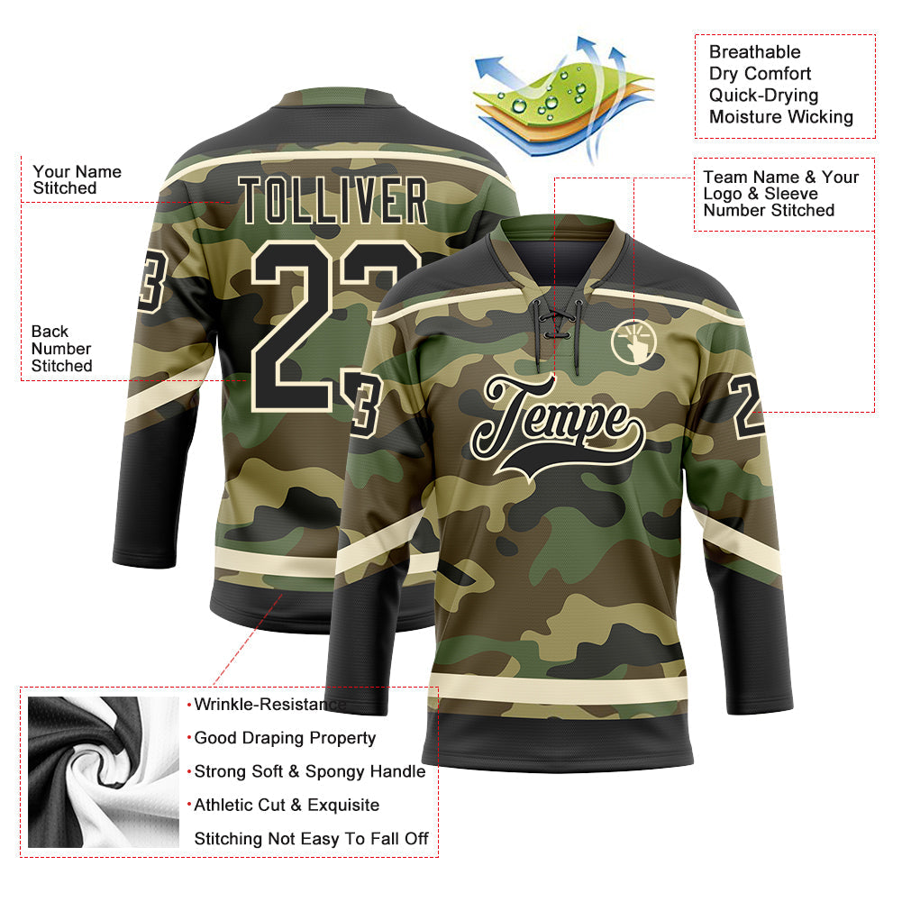 Custom Camo Black-Cream Salute To Service Hockey Lace Neck Jersey - Sky-Custom