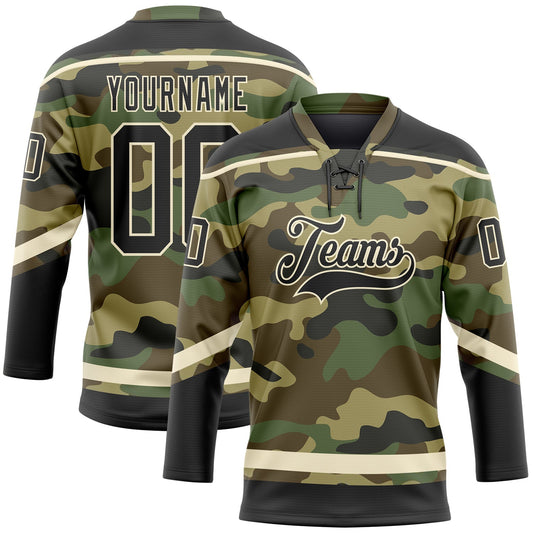 Custom Camo Black-Cream Salute To Service Hockey Lace Neck Jersey - Sky-Custom