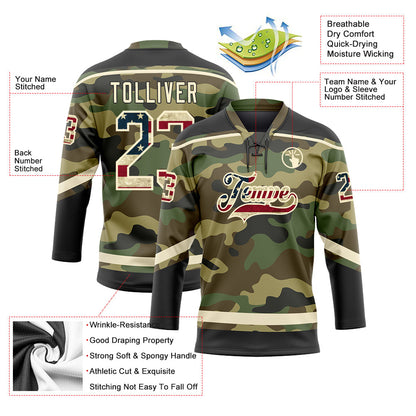 Custom Camo Vintage USA Flag Cream-Black Salute To Service Hockey Lace Neck Jersey - Sky-Custom