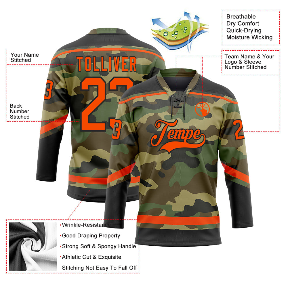 Custom Camo Orange-Black Salute To Service Hockey Lace Neck Jersey - Sky-Custom