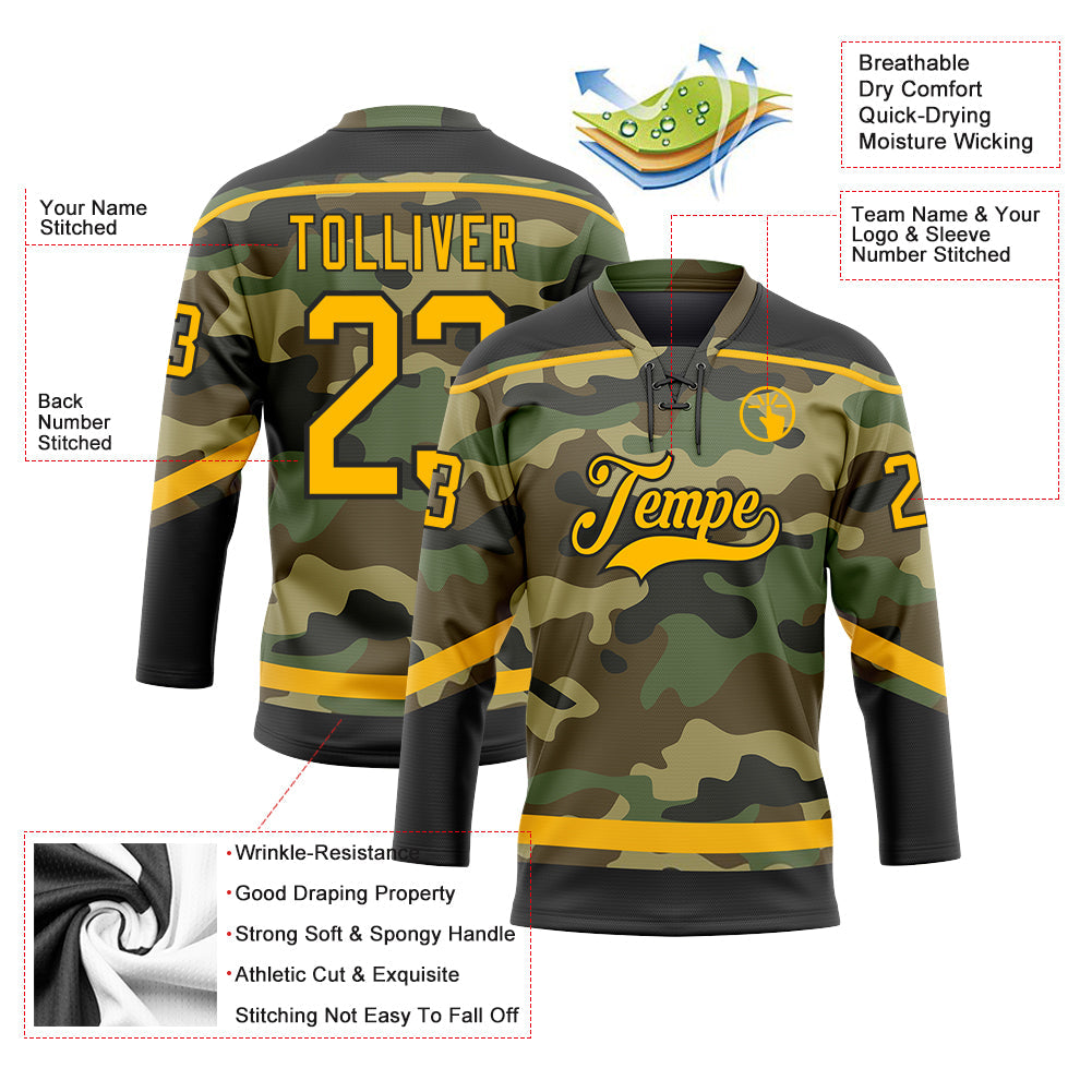 Custom Camo Gold-Black Salute To Service Hockey Lace Neck Jersey - Sky-Custom