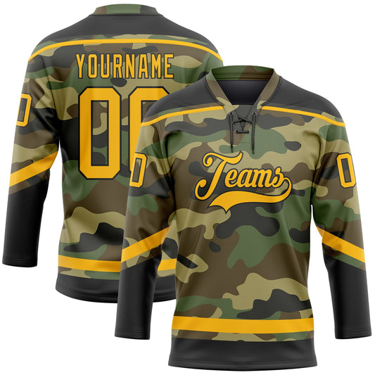 Custom Camo Gold-Black Salute To Service Hockey Lace Neck Jersey - Sky-Custom