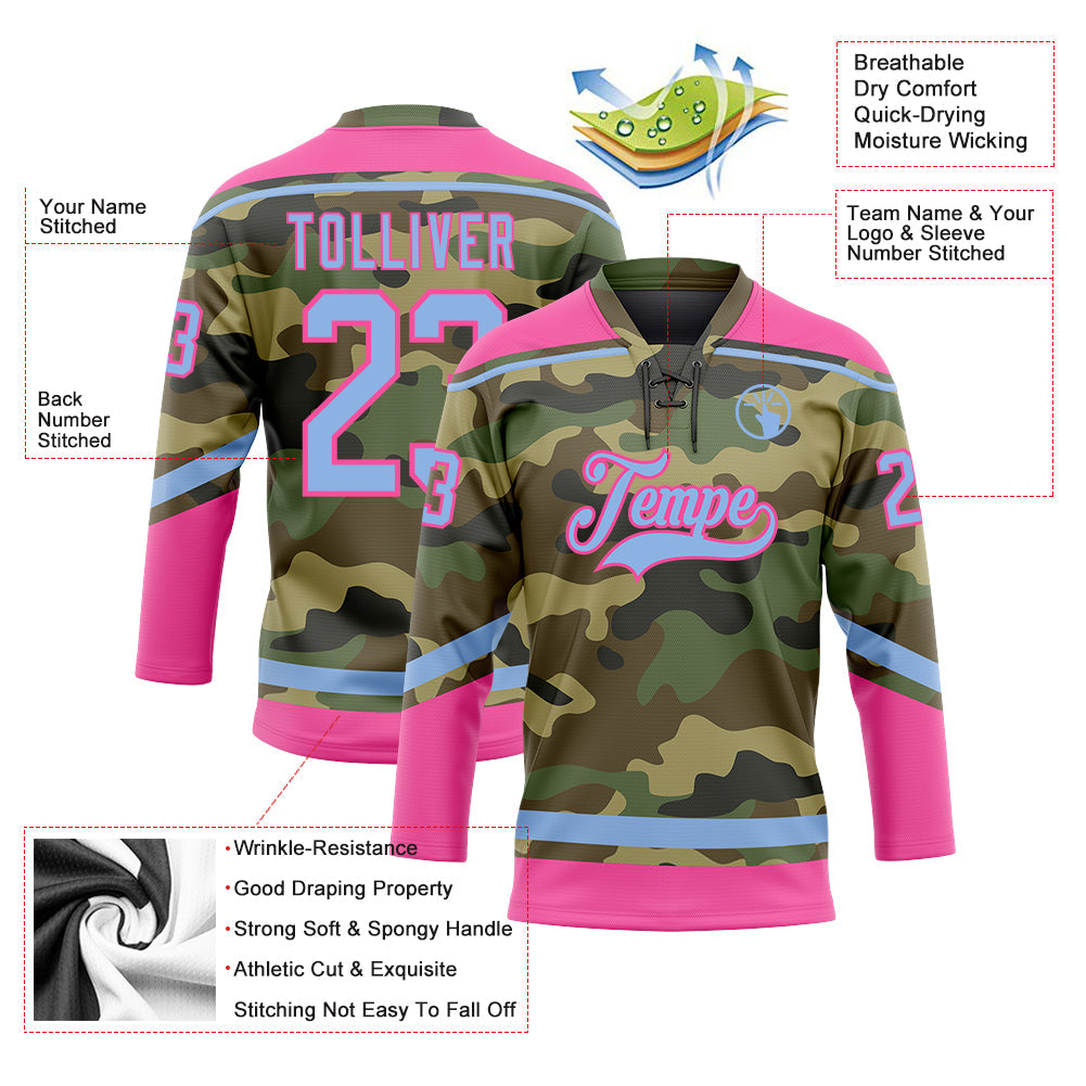 Custom Camo Light Blue-Pink Salute To Service Hockey Lace Neck Jersey - Sky-Custom