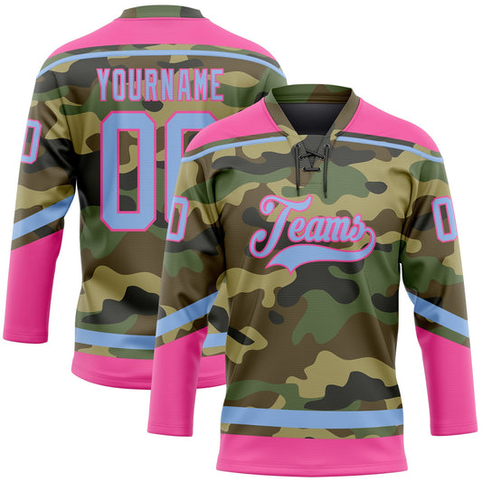 Custom Camo Light Blue-Pink Salute To Service Hockey Lace Neck Jersey - Sky-Custom