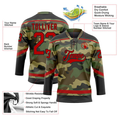Custom Camo Red-Black Salute To Service Hockey Lace Neck Jersey - Sky-Custom