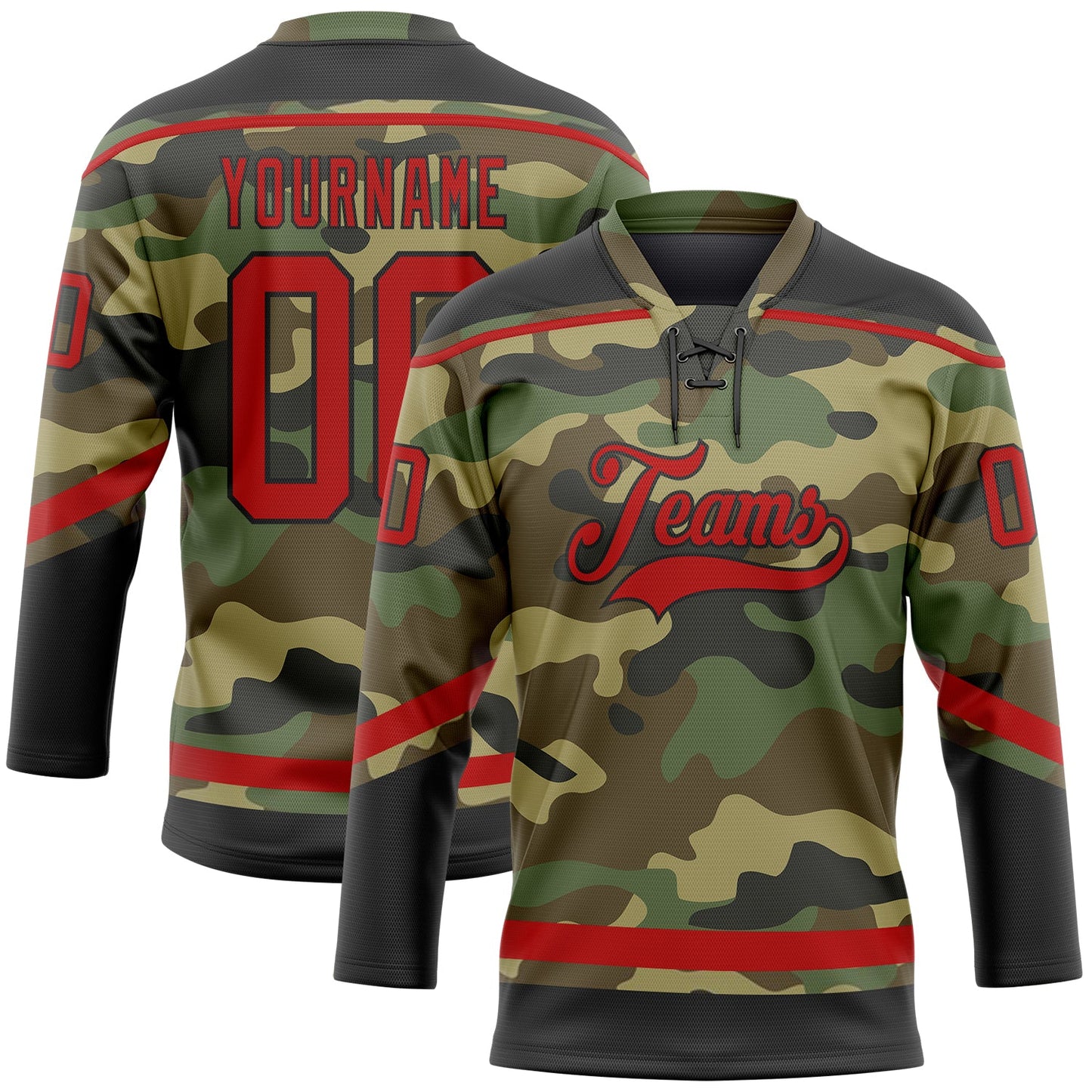 Custom Camo Red-Black Salute To Service Hockey Lace Neck Jersey - Sky-Custom