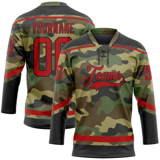 Custom Camo Red-Black Salute To Service Hockey Lace Neck Jersey - Sky-Custom