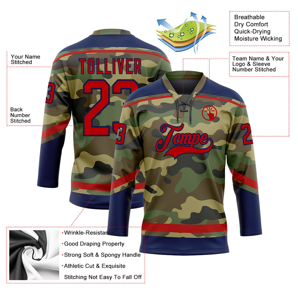 Custom Camo Red-Navy Salute To Service Hockey Lace Neck Jersey - Sky-Custom