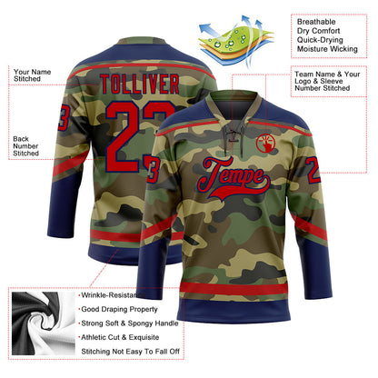 Custom Camo Red-Navy Salute To Service Hockey Lace Neck Jersey - Sky-Custom