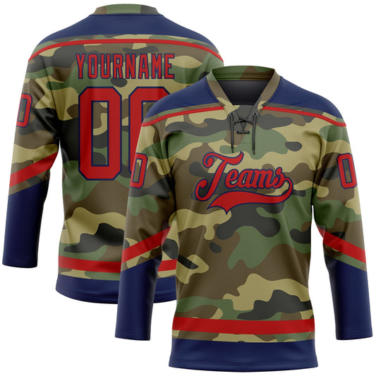Custom Camo Red-Navy Salute To Service Hockey Lace Neck Jersey - Sky-Custom