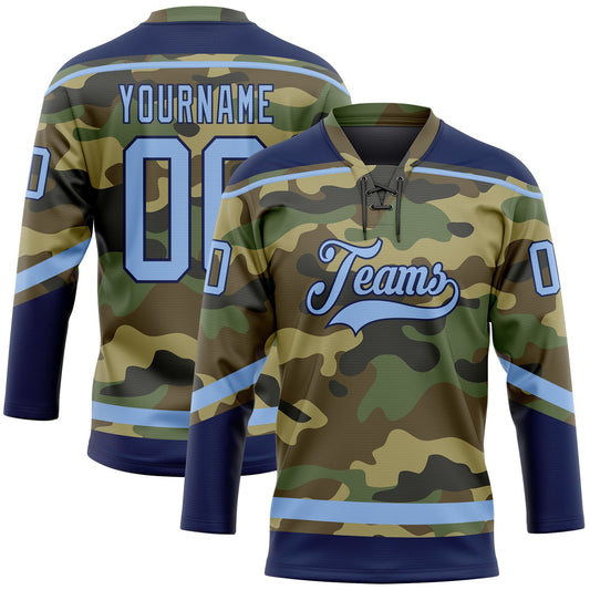 Custom Camo Light Blue-Navy Salute To Service Hockey Lace Neck Jersey - Sky-Custom