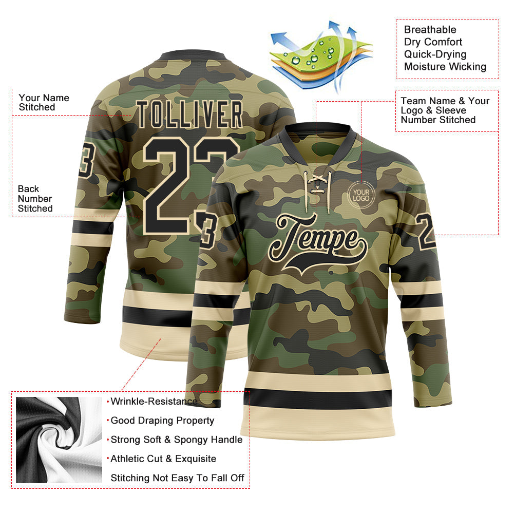 Custom Camo Black-Cream Salute To Service Hockey Lace Neck Jersey - Sky-Custom