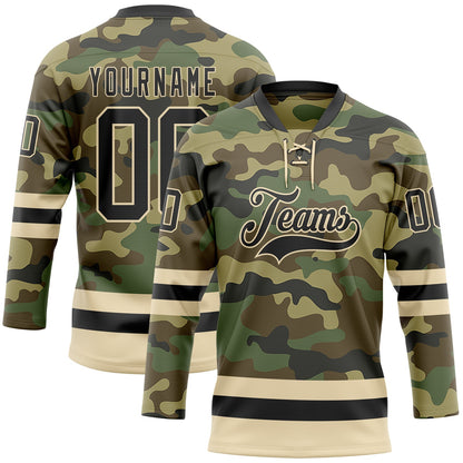 Custom Camo Black-Cream Salute To Service Hockey Lace Neck Jersey - Sky-Custom