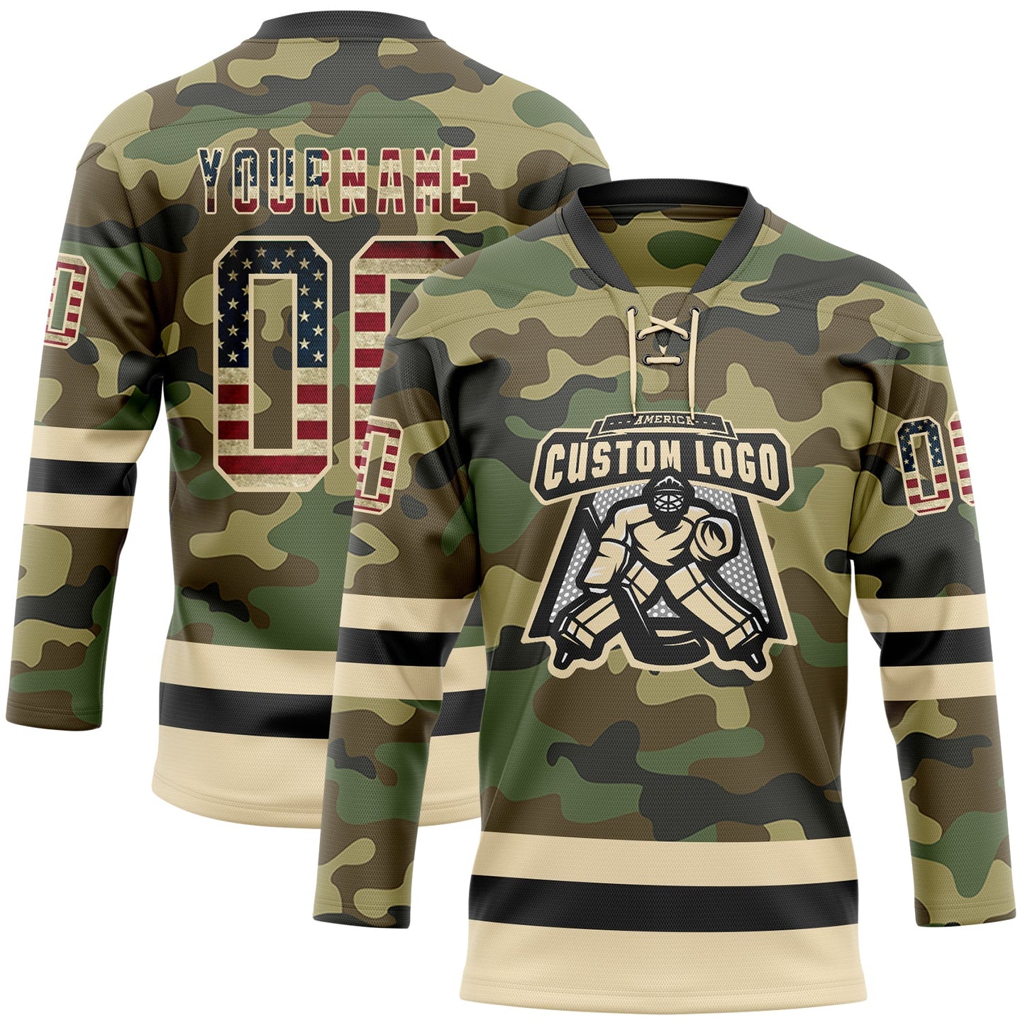 Custom Camo Vintage USA Flag Cream-Black Salute To Service Hockey Lace Neck Jersey - Sky-Custom